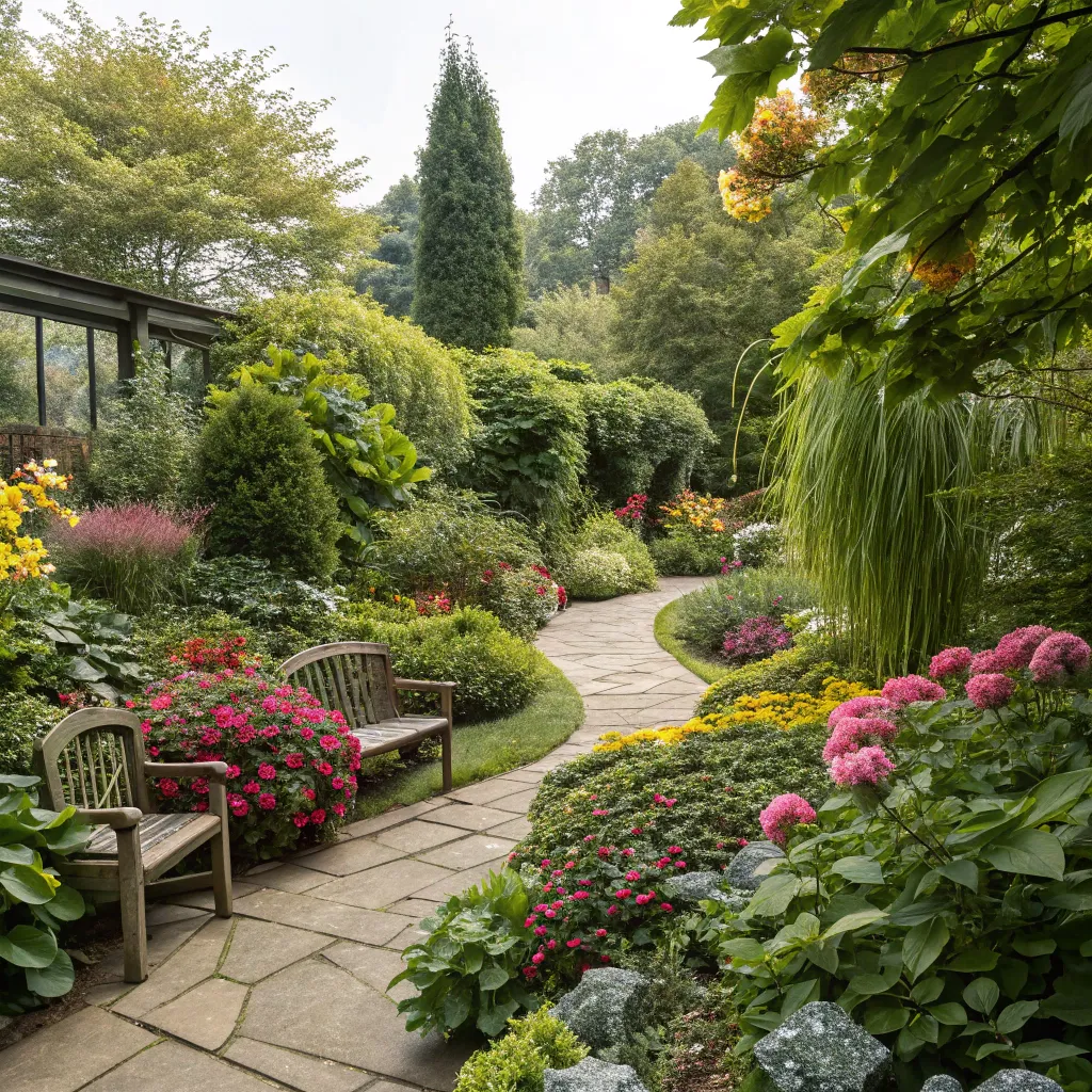 Lush terrace garden with various plants